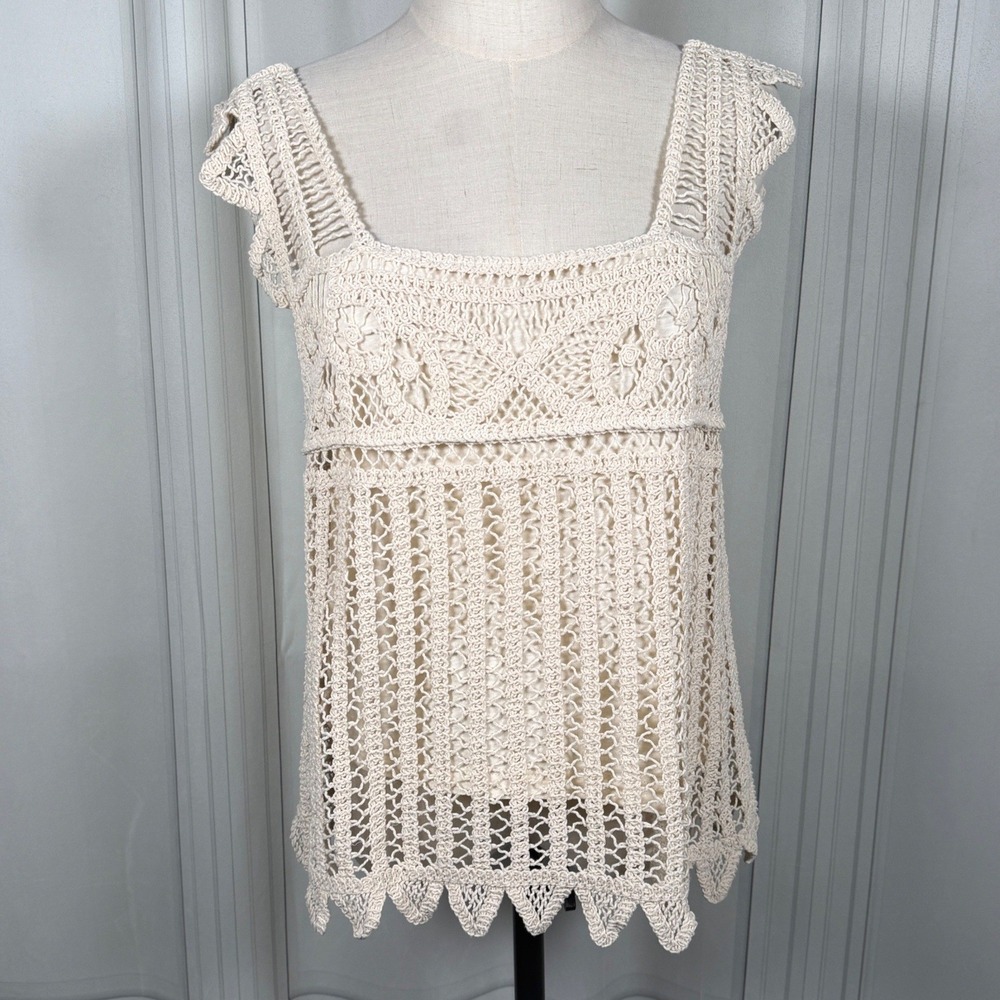 Design‎ History Lined Crochet Tank Top Cream Cotton Boho M 19" PTP 23" L